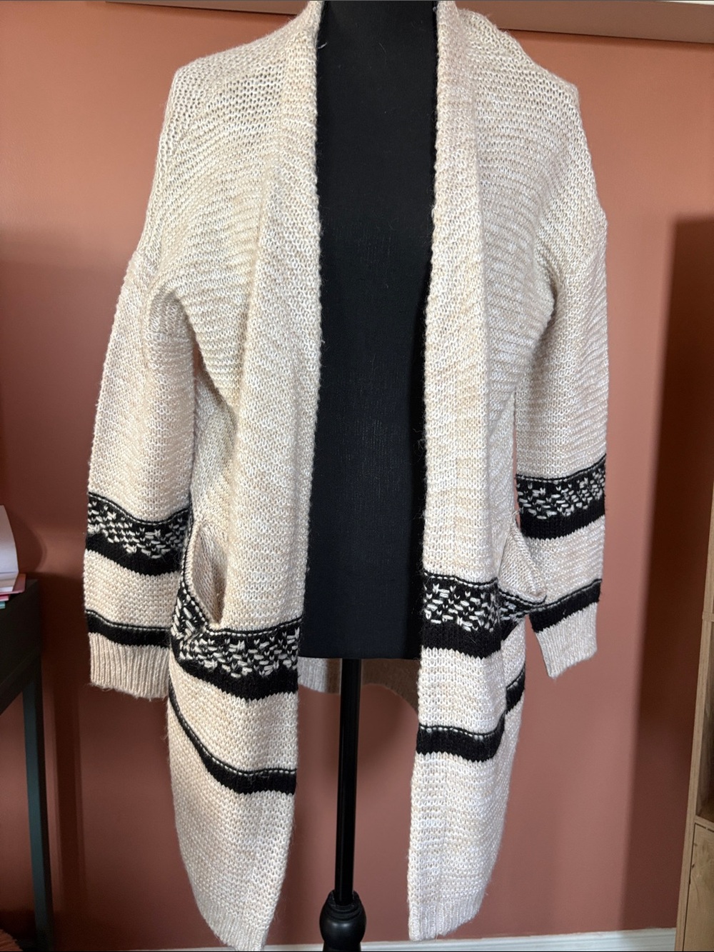 Urban Heritage Cream Cardigan with Black Fair Isle Bands